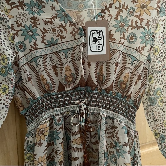 M- NWT Boho Beach Maxi Dress Semi Sheer Colorful Design Coverup Dress V-Neck - Picture 3 of 6